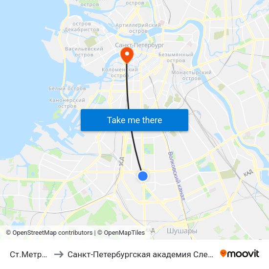Ст.Метро Московская to Санкт-Петербургская академия Следственного комитета Российской Федерации map