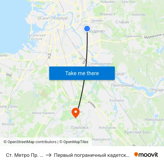 Ст. Метро Пр. Большевиков to Первый пограничный кадетский военный корпус ФСБ РФ map