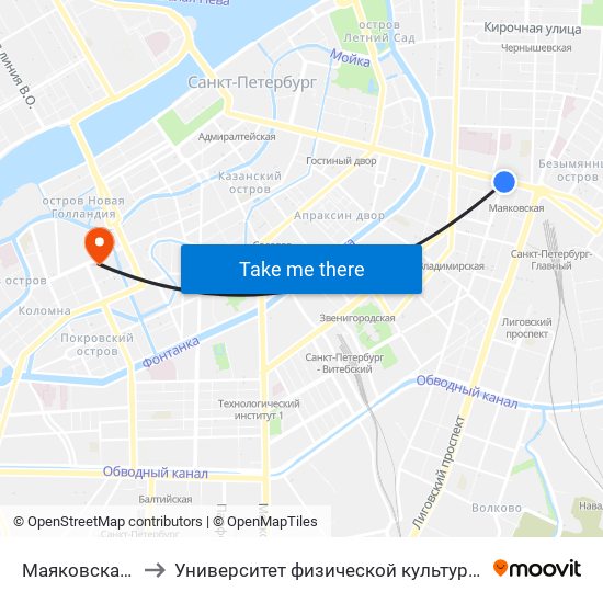 Маяковская (Mayakovskaya) to Университет физической культуры, спорта и здоровья имени П. Ф. Лесгафта map
