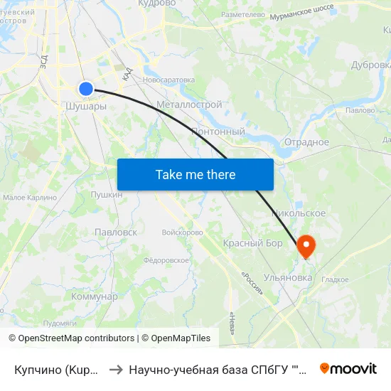 Купчино (Kupchino) to Научно-учебная база СПбГУ ""Саблино"" map