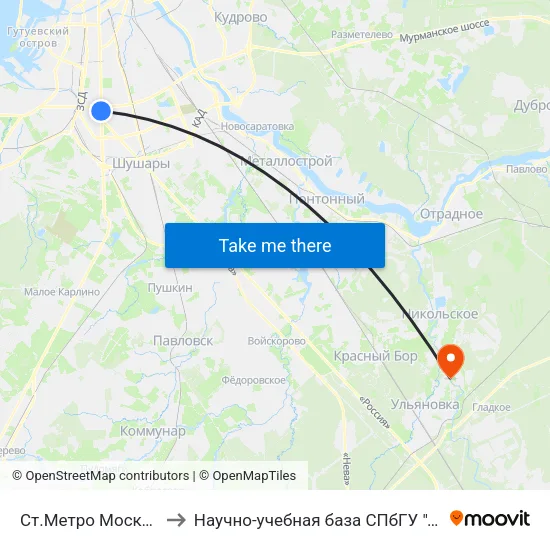 Ст.Метро Московская to Научно-учебная база СПбГУ ""Саблино"" map