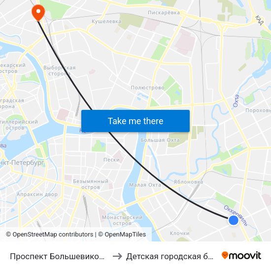 Проспект Большевиков (Prospekt Bol'Shevikov) to Детская городская больница святой Ольги map
