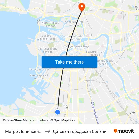 Метро Ленинский Проспект to Детская городская больница святой Ольги map