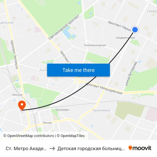 Ст. Метро Академическая to Детская городская больница святой Ольги map
