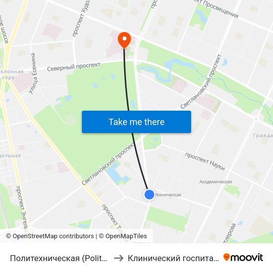 Политехническая (Politekhnicheskaya) to Клинический госпиталь МСЧ МВД map