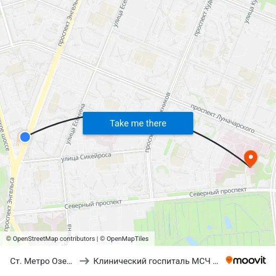Ст. Метро Озерки to Клинический госпиталь МСЧ МВД map