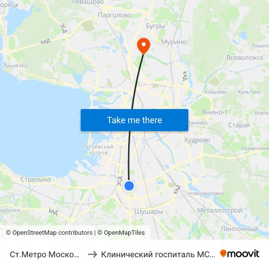 Ст.Метро Московская to Клинический госпиталь МСЧ МВД map