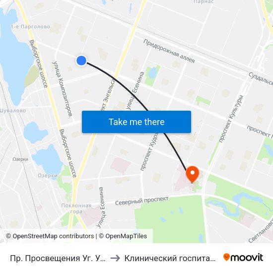 Пр. Просвещения Уг. Ул. Симонова to Клинический госпиталь МСЧ МВД map