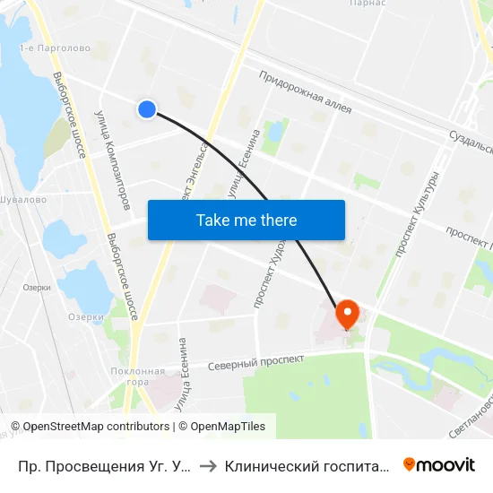 Пр. Просвещения Уг. Ул. Симонова to Клинический госпиталь МСЧ МВД map