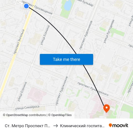 Ст. Метро Проспект Просвещения to Клинический госпиталь МСЧ МВД map