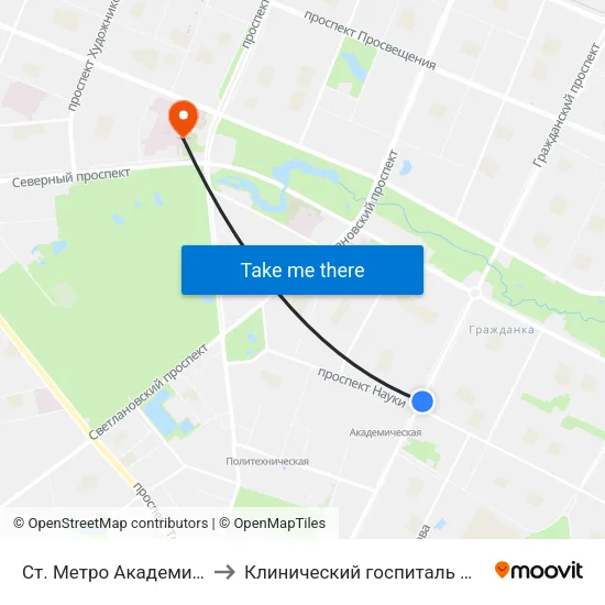 Ст. Метро Академическая to Клинический госпиталь МСЧ МВД map