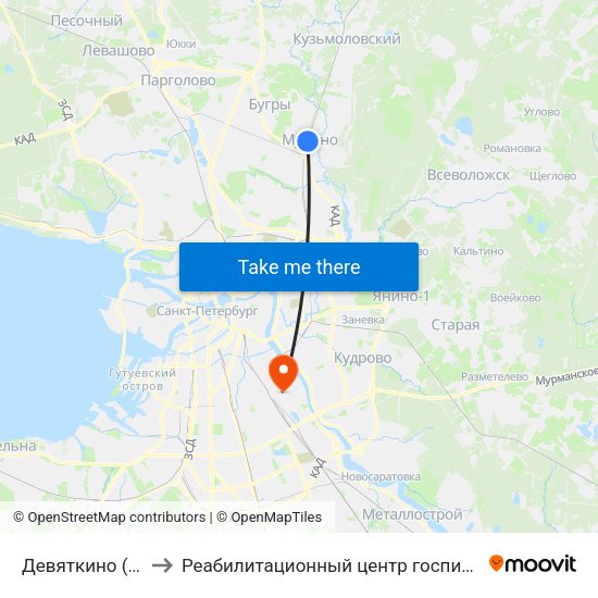 Девяткино (Devyatkino) to Реабилитационный центр госпиталя для ветеранов войн map