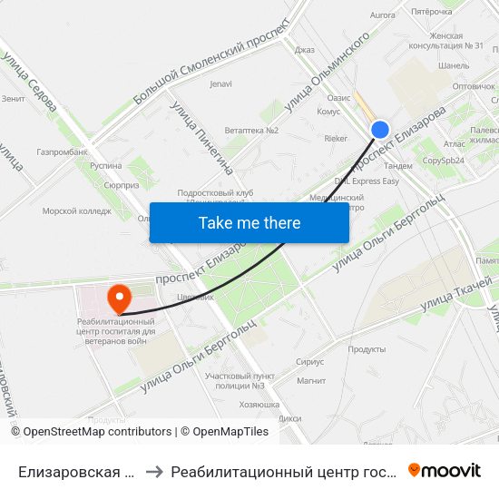 Елизаровская (Yelizarovskaya) to Реабилитационный центр госпиталя для ветеранов войн map