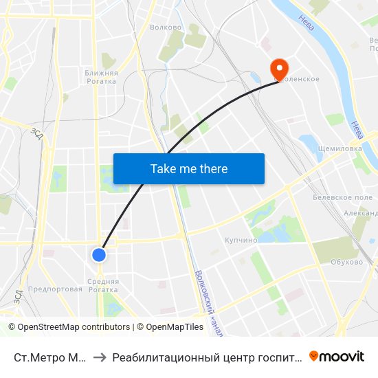 Ст.Метро Московская to Реабилитационный центр госпиталя для ветеранов войн map