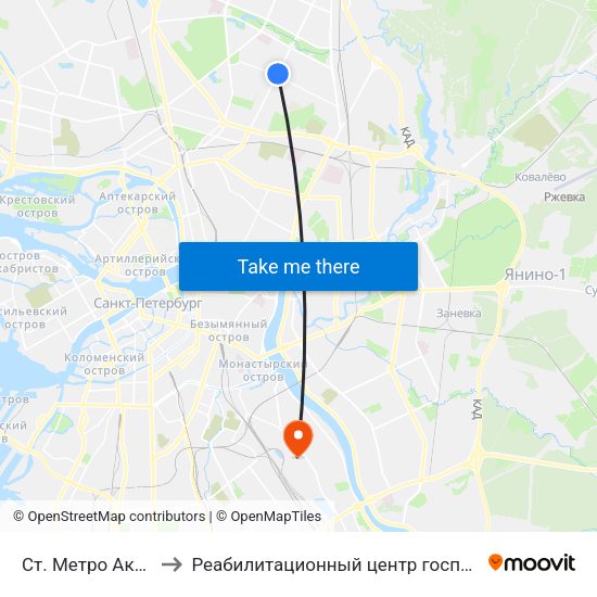 Ст. Метро Академическая to Реабилитационный центр госпиталя для ветеранов войн map