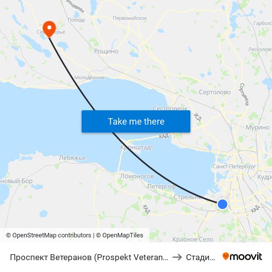 Проспект Ветеранов (Prospekt Veteranov) to Стадион map