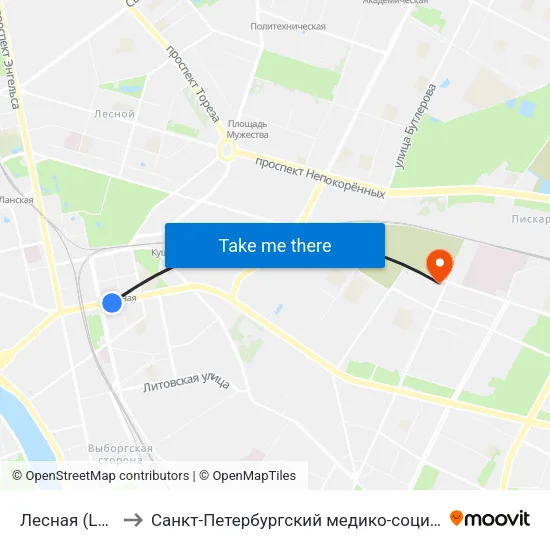 Лесная (Lesnaya) to Санкт-Петербургский медико-социальный институт map