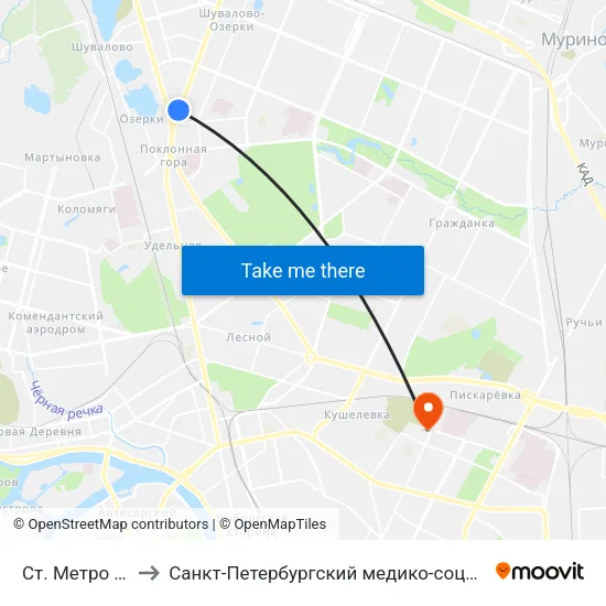 Ст. Метро Озерки to Санкт-Петербургский медико-социальный институт map