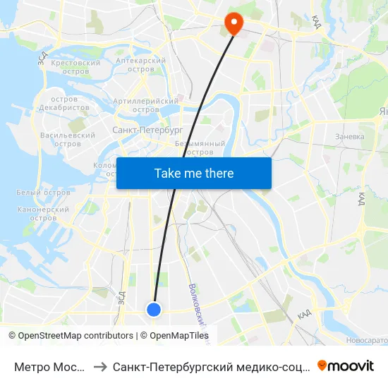 Метро Московская to Санкт-Петербургский медико-социальный институт map