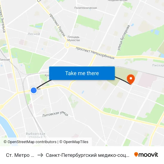 Ст. Метро Лесная to Санкт-Петербургский медико-социальный институт map