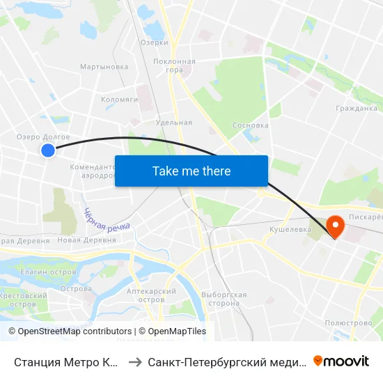 Станция Метро Комендантский Пр. to Санкт-Петербургский медико-социальный институт map