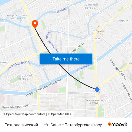 Технологический Институт - 2 (Tekhnologicheskiy Institut - 2) to Санкт–Петербургская государственная консерватория имени Н. А. Римского-Корсакова map