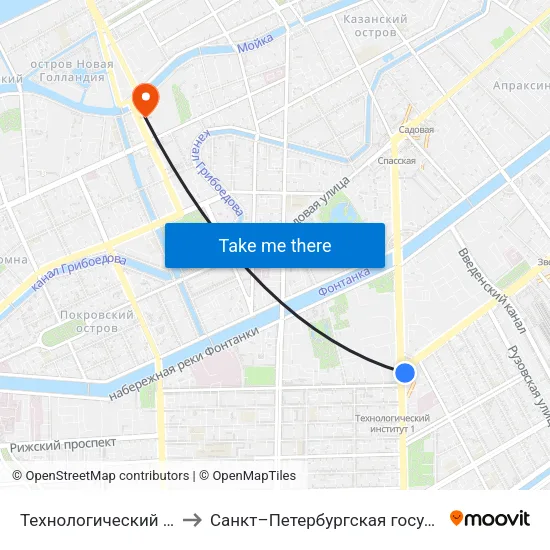 Технологический Институт - 2 (Tekhnologicheskiy Institut - 2) to Санкт–Петербургская государственная консерватория имени Н. А. Римского-Корсакова map