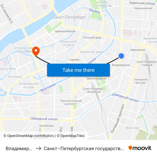 Владимирская (Vladimirskaya) to Санкт–Петербургская государственная консерватория имени Н. А. Римского-Корсакова map