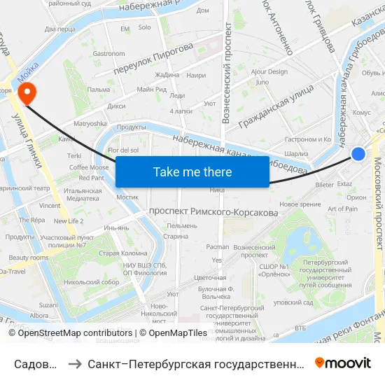 Садовая (Sadovaya) to Санкт–Петербургская государственная консерватория имени Н. А. Римского-Корсакова map