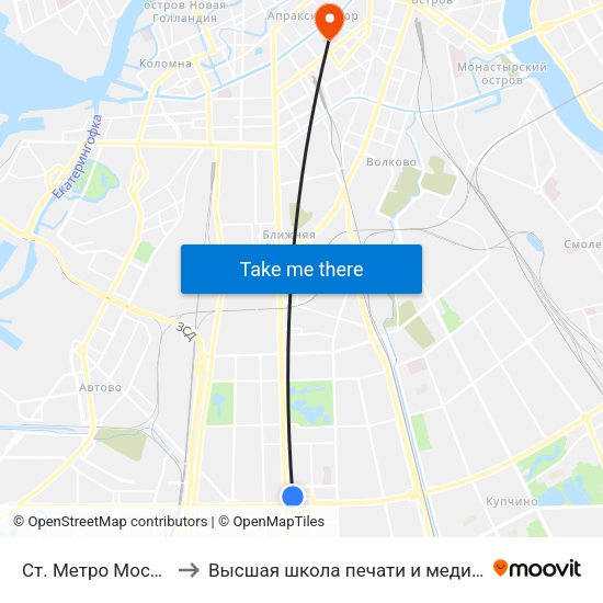Ст. Метро Московская to Высшая школа печати и медиатехнологий map