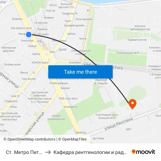 Ст. Метро Петроградская to Кафедра рентгенологии и радиационной медицины map