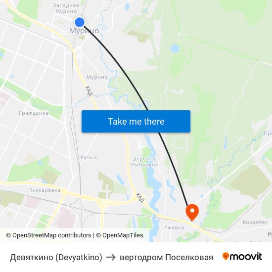 Девяткино (Devyatkino) to вертодром Поселковая map