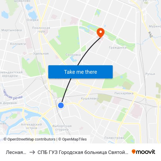 Лесная (Lesnaya) to СПБ ГУЗ Городская больница Святой преподобной мученицы Елизаветы map