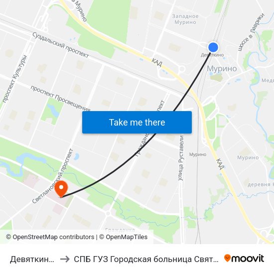 Девяткино (Devyatkino) to СПБ ГУЗ Городская больница Святой преподобной мученицы Елизаветы map