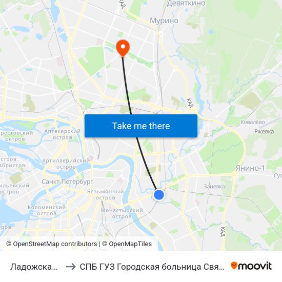 Ладожская (Ladozhskaya) to СПБ ГУЗ Городская больница Святой преподобной мученицы Елизаветы map