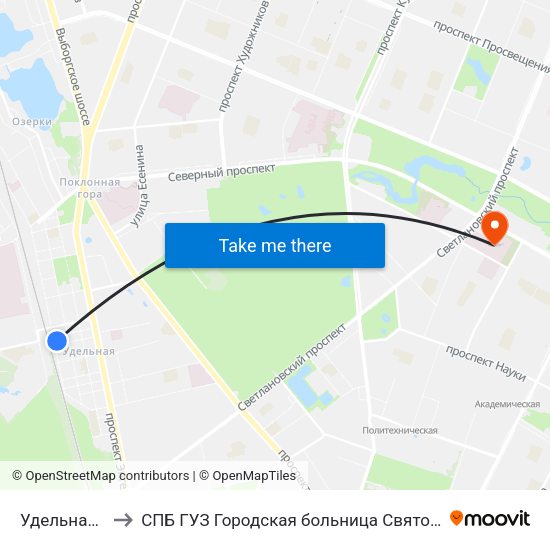 Удельная (Udel'Naya) to СПБ ГУЗ Городская больница Святой преподобной мученицы Елизаветы map