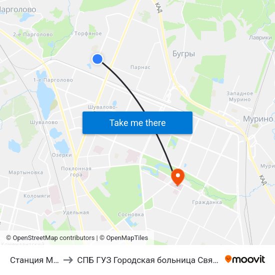 Станция Метро «Парнас» to СПБ ГУЗ Городская больница Святой преподобной мученицы Елизаветы map