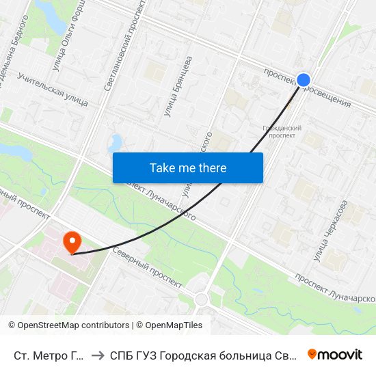 Ст. Метро Гражданский Пр. to СПБ ГУЗ Городская больница Святой преподобной мученицы Елизаветы map