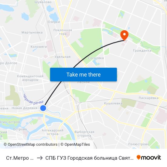 Ст.Метро Чёрная Речка to СПБ ГУЗ Городская больница Святой преподобной мученицы Елизаветы map