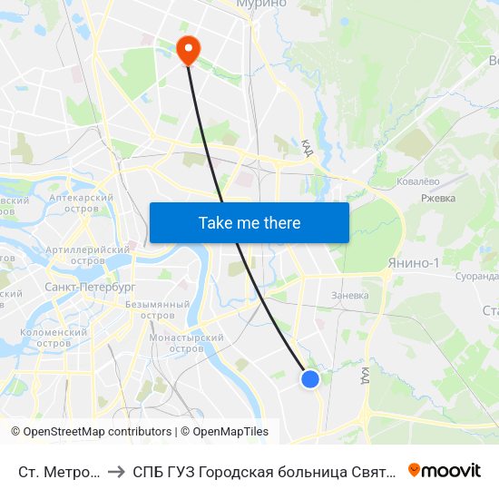 Ст. Метро Ул.Дыбенко to СПБ ГУЗ Городская больница Святой преподобной мученицы Елизаветы map