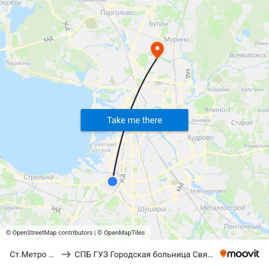 Ст.Метро Ленинский Пр. to СПБ ГУЗ Городская больница Святой преподобной мученицы Елизаветы map