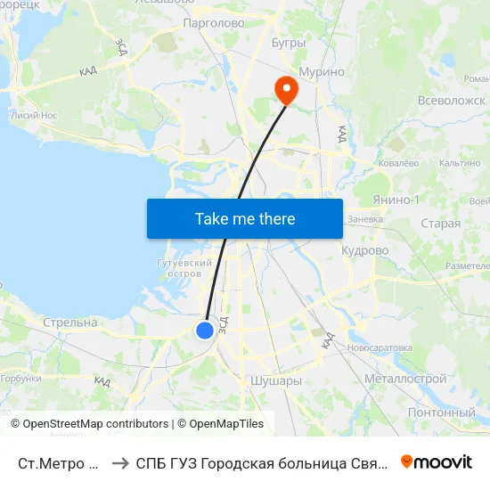 Ст.Метро Ленинский Пр. to СПБ ГУЗ Городская больница Святой преподобной мученицы Елизаветы map