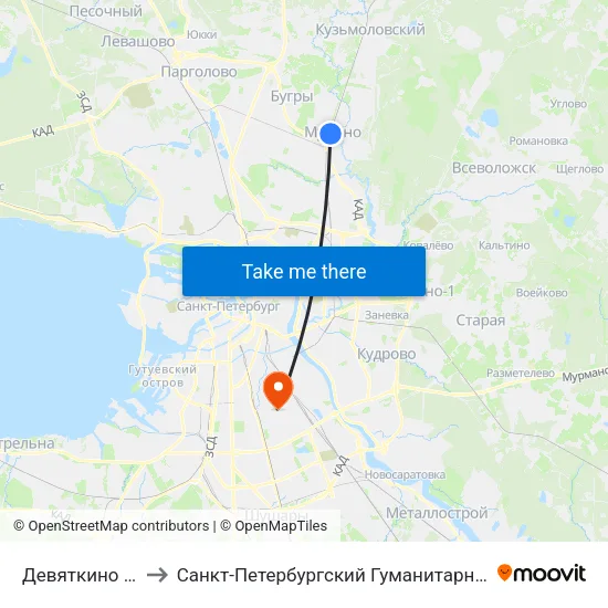 Девяткино (Devyatkino) to Санкт-Петербургский Гуманитарный университет профсоюзов map