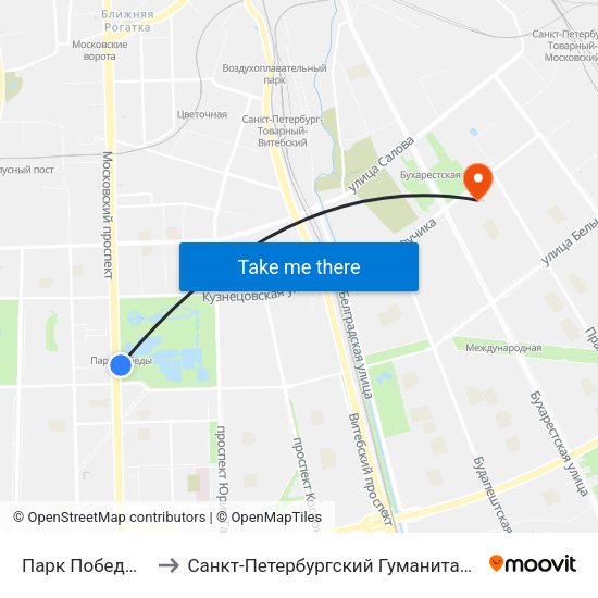 Парк Победы (Park Pobedy) to Санкт-Петербургский Гуманитарный университет профсоюзов map