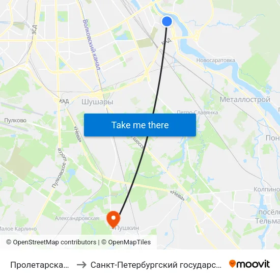 Пролетарская (Proletarskaya) to Санкт-Петербургский государственный аграрный университет map