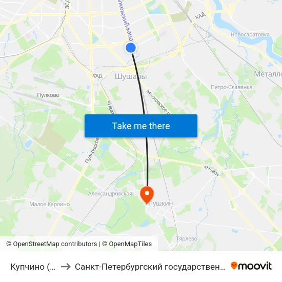 Купчино (Kupchino) to Санкт-Петербургский государственный аграрный университет map