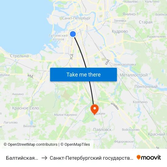 Балтийская (Baltiyskaya) to Санкт-Петербургский государственный аграрный университет map