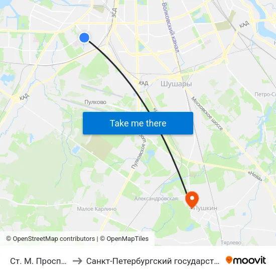 Ст. М. Проспект Ветеранов to Санкт-Петербургский государственный аграрный университет map