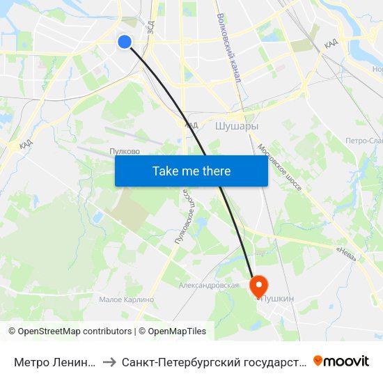 Метро Ленинский Проспект to Санкт-Петербургский государственный аграрный университет map