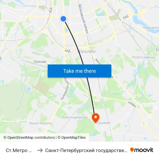 Ст.Метро Московская to Санкт-Петербургский государственный аграрный университет map